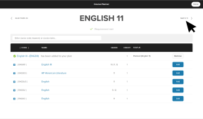 English 11 course list. A checkmark indicates a course has been added. The cursor is clicking the next subject in the student's course plan: Math 11